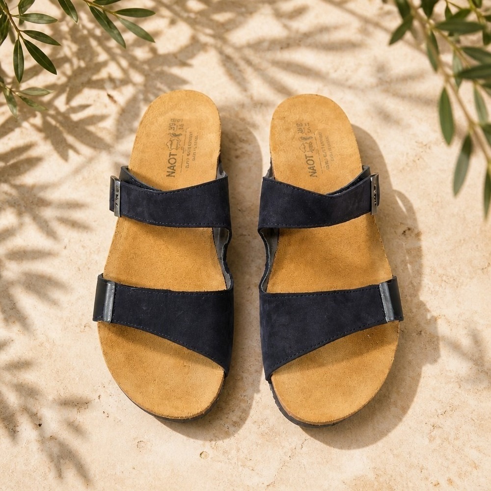 NAOT LADIES Sandals 2 Strap EU 39 US 8 Made in Israel Matte Black Leather
